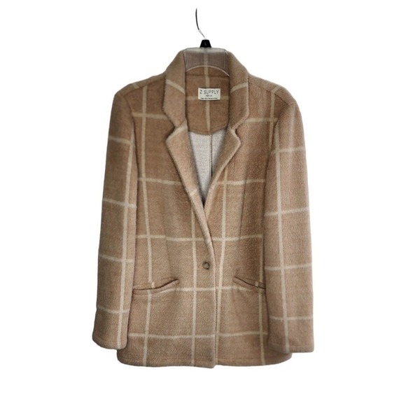 Z SUPPLY Anna Eyelash Plaid Blazer One Button Size M MSRP $169 Saddle Windowpane - Picture 4 of 10